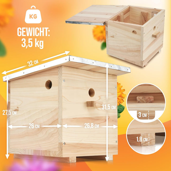 BEESI Hummelhaus gross inkl. Wachsmottensperre &amp; Nistmaterial I Kapok, Nistkarton, Holzspäne I Humme