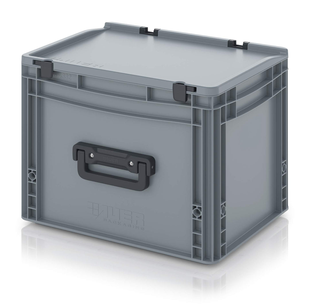 Eurobehälter 40x30x33,5 mit Scharnierdeckel und Klappgriff * Deckel Griff 40 x 30 x 33,5 Koffer