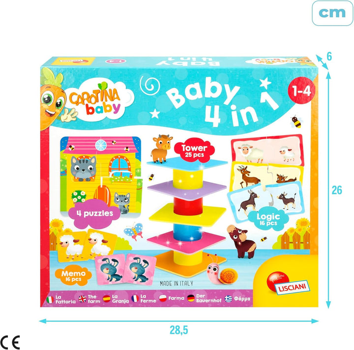 Lisciani - CAROTINA BABY - 4-in-1 Lernspielset für Kinder von 1 bis 4 Jahren: Balancier-Turm, 4 Puzz