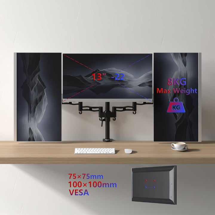 Duronic DM353 Arm für 3 Computermonitore | Dreifach-Monitorhalterung für PC mit Gelenk, VESA 75 100