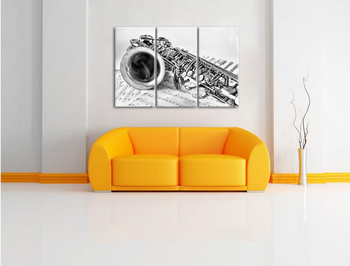 Pixxprint Saxophon auf Notenpapier als Leinwandbild/Grösse: 3 Teilig (120x80 cm) cm/Wandbild/Kunstdr