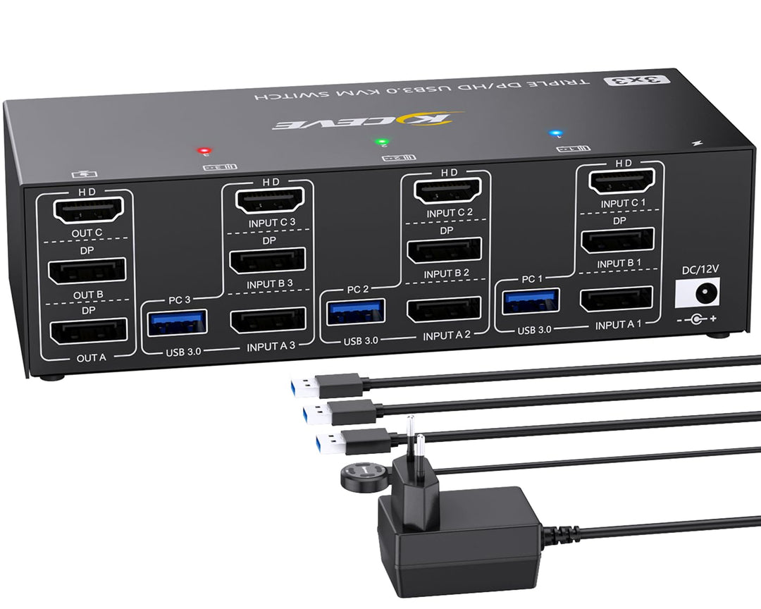 KVM Switch 3 PC 3 Monitore 8K@60Hz 4K@144Hz，Triple Monitor HDMI+2 Displayport KVM Switch 3 PC-Teilen