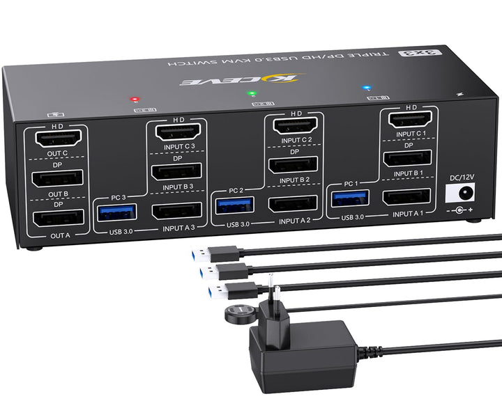 KVM Switch 3 PC 3 Monitore 8K@60Hz 4K@144Hz，Triple Monitor HDMI+2 Displayport KVM Switch 3 PC-Teilen