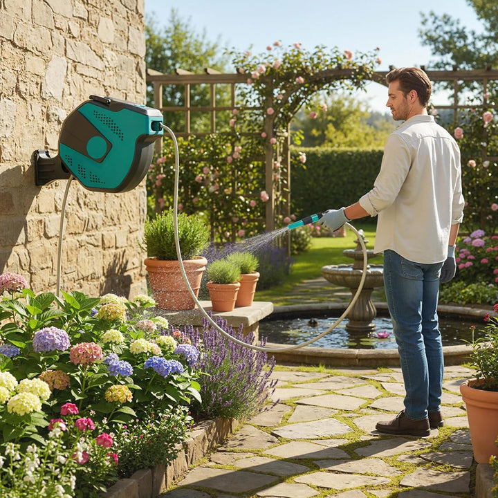 COSTWAY Gartenschlauchbox, 20 m+2 m, 180° schwenkbar, Automatischer Einzug, Schlauchtrommel Einziehb