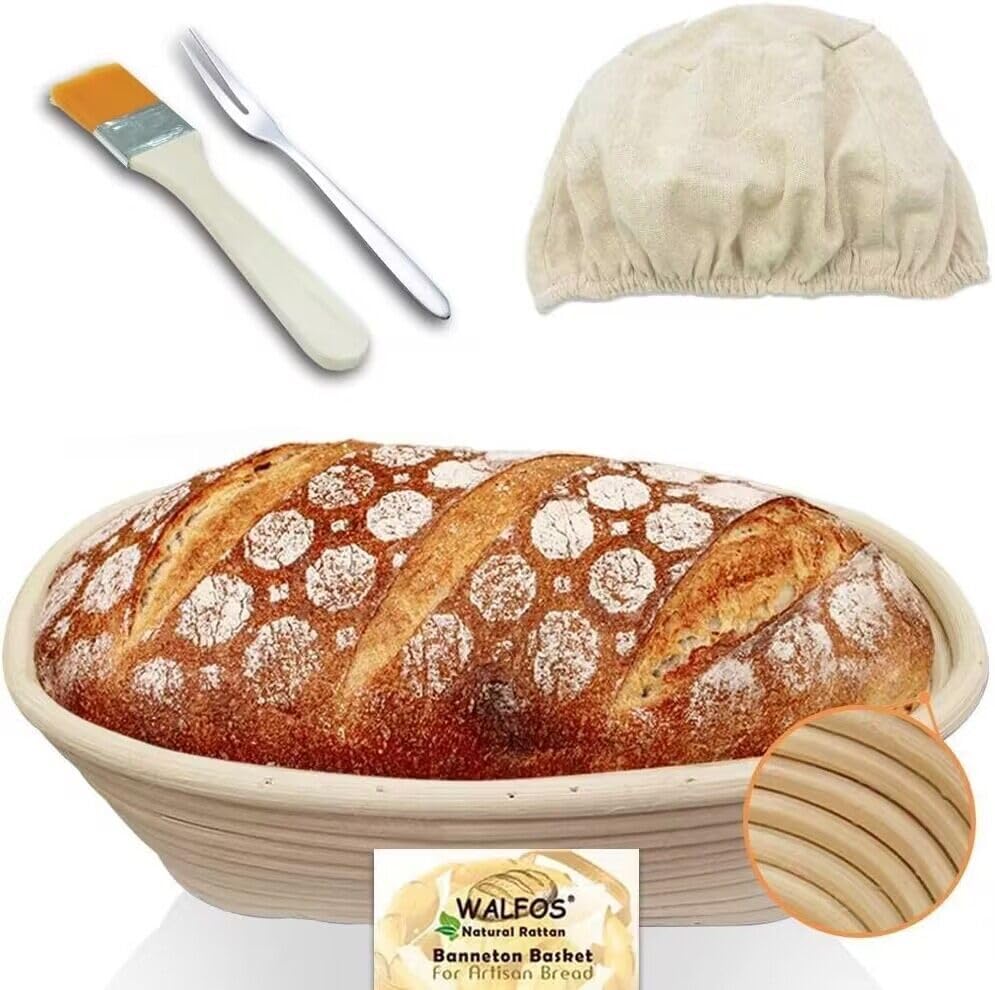 Walfos® Gärkorb Oval Banneton Gärkörbe zum Brotbacken Set, inklusive 100% natürlichem Rattan, Pinsel