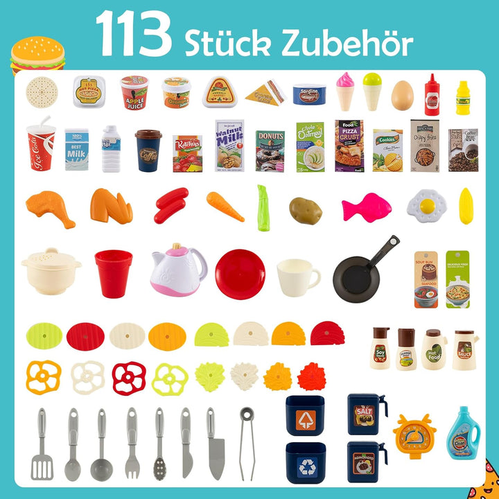 COSTWAY Kinderküche mit 113 Zubehör, Eck-Spielküche mit Licht, Sound & Dampf, Kinder Küche mit Kochh