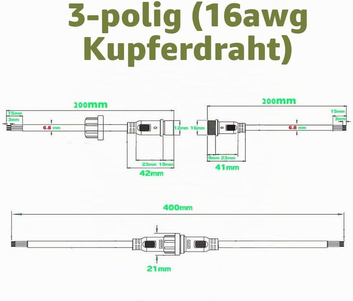 3pin wasserdichte Anschlüsse,Male Female Plug LED Steckverbinder, 3Pin 3Core Waterproof IP68 Steckve