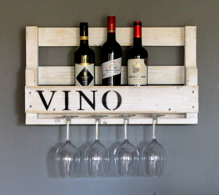 Dekorie Weinregal aus Holz für die Wand - mit Gläserhalter und VINO Schriftzug - Weiss - fertig mont