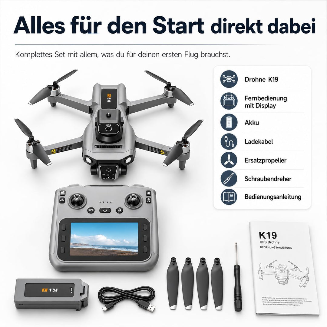 K19 GPS Drohne mit 4K Kamera, Fernbedienung mit Live-Display, 600m Reichweite, 360° Hindernisvermeid