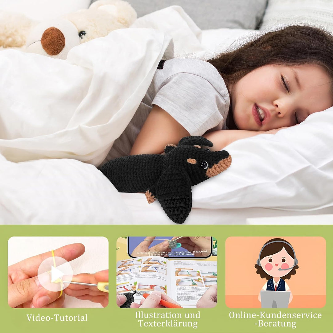 OurLeeme Häkelset für Anfänger, Häkeln Tiere Häkelnadelset Dackel-Starter-Strickset mit Dackelgarn,