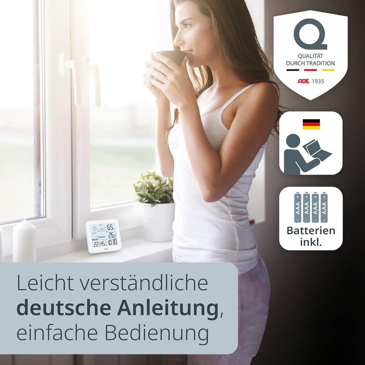 ADE Kleine digitale Wetterstation funk mit Aussensensor und Wettervorhersage | Innen- und Aussentemp