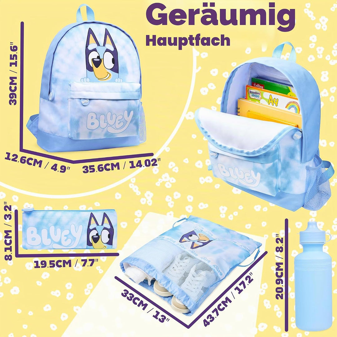 BlueY Rucksack Kinder Set 4 Teilig Trinkflasche Federmäppchen Lunchtasche oder Turnbeutel Kinder für