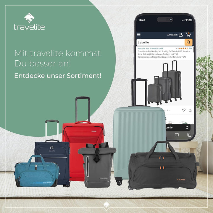 Travelite Kofferset 4 teilig Weichschale 4 Rollen, Grössen S-M-L + Reisetasche,nachhaltig, VIIA Reis