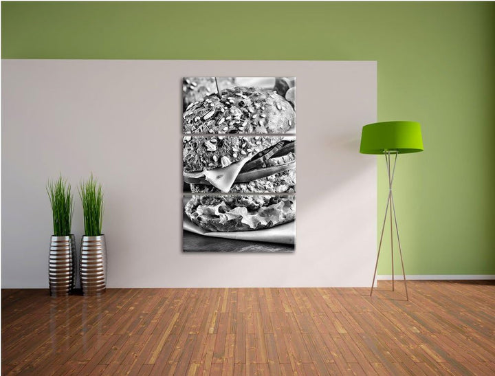 Pixxprint Monocrome, Köstlicher Hamburger 3-Teiler Leinwandbild 120x80 Bild auf Leinwand