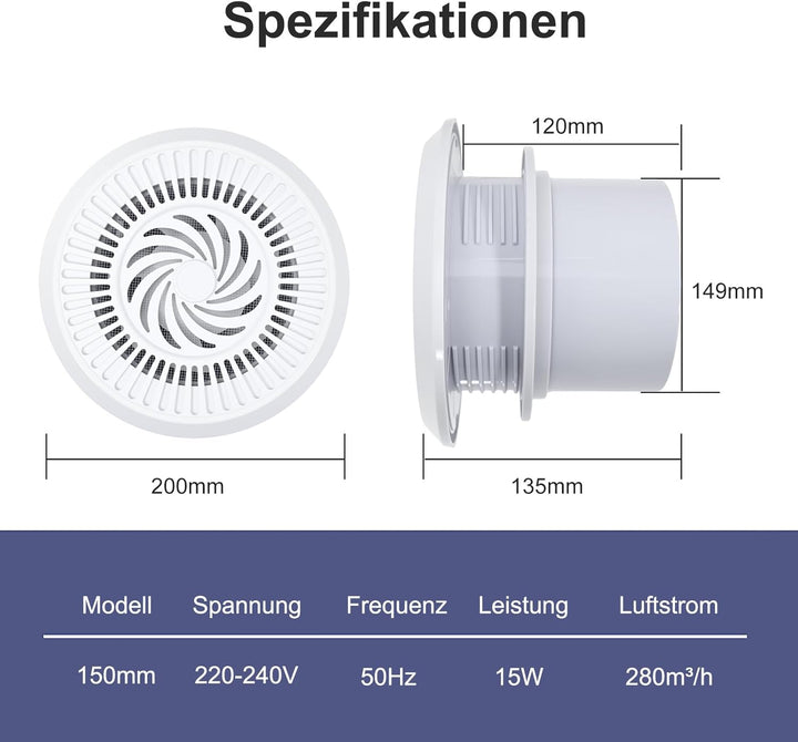150mm Abluftventilator 280m³/h 15W Badlüfter, Zwei-Wege-Umkehrventilator mit 3 Geschwindigkeiten ein