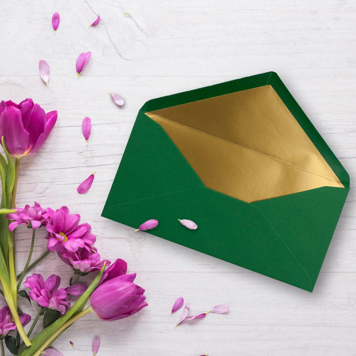 75 Brief-Umschläge DIN Lang - Dunkelgrün mit Gold-Metallic Innen-Futter - 110 x 220 mm - Nassklebung