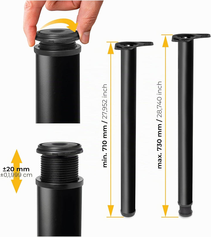 Emuca - Regulierbare Tischbeine Ø60x710mm, 4er Set aus Stahl, regulierbare Höhe 710-730mm, schwarz Ø