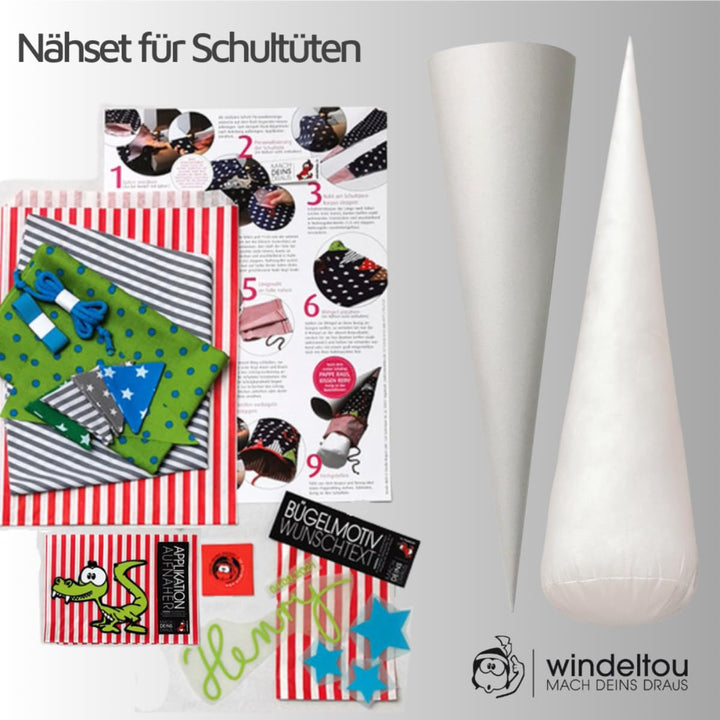 85 cm Schultüten-Nähset aus hochwertigem Stoff | Inklusive Anleitung, Stoffen, Bändern, Bügelbildern