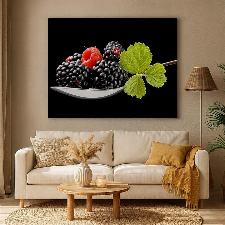 Bilder auf Leinwand 100x70cm Leinwandbild Löffel Himbeere Brombeere Frucht Gross Wanddeko Bild Schla