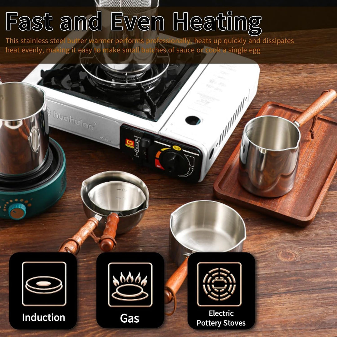 Tissting 2PCS450ML Mini Topf Kaffeekanne, Holzgriff Kleine Sossentopf Stielkasserolle Topf Butterwär