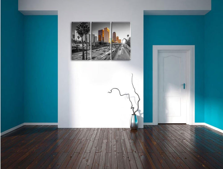 Pixxprint Strassenverkehr in Los Angeles Schwarz/Weiss 3-Teiler Leinwandbild 120x80 Bild auf Leinwan