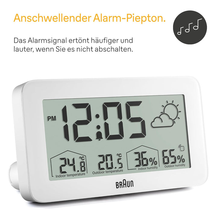 Braun Digitale Wetterstationsuhr mit Anzeige von Innen- und Aussentemperatur sowie Luftfeuchtigkeit,