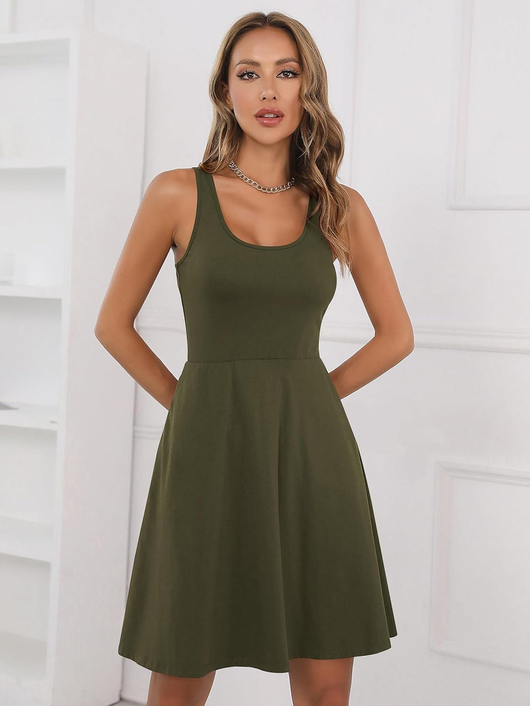 Missufe Damen Sommerkleid Minikleid Rockabilly Freizeitkleid Skaterkleid Kurzes Tank Kleider M Armee