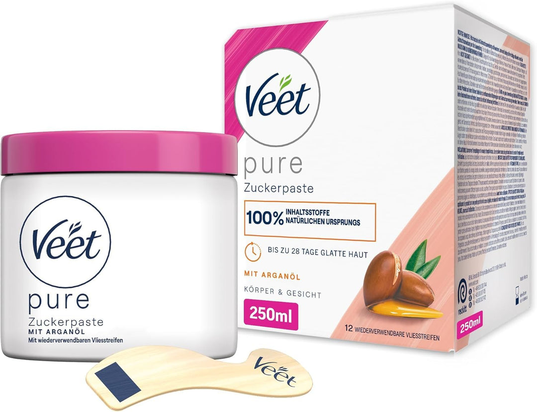 Veet Sugaring Zuckerpaste mit Arganöl für die Haarentfernung an Körper & Gesicht (250ml) + Körperöl