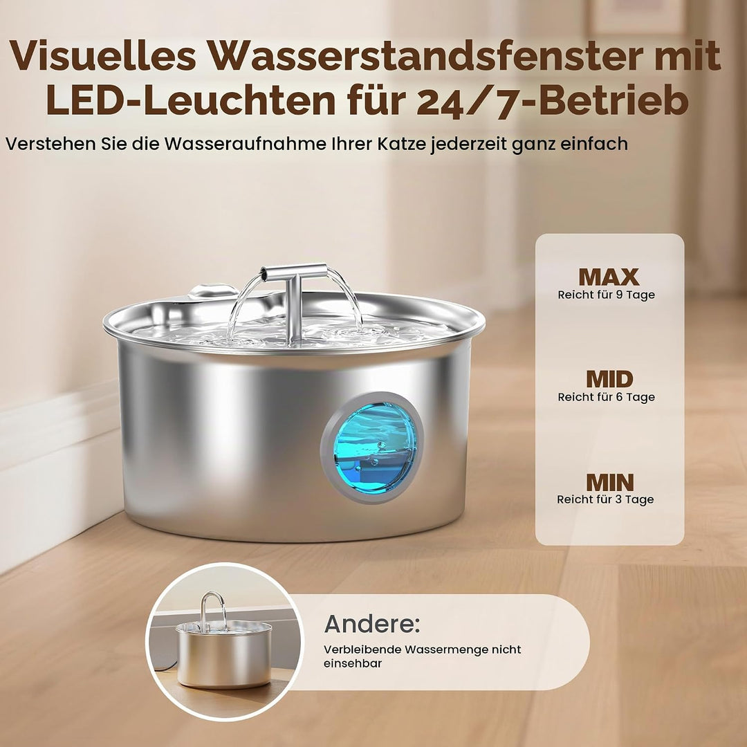 Katzenbrunnen Edelstahl Trinkbrunnen für Katze: 2.6L leiser Wasserspender für Katzen und Hunde - Aut