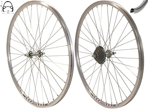 Redondo 26 Zoll Laufrad Set Hinterrad Vorderrad 26" V-Profil Hohlkammer Felge Silber + 7-Fach Kranz