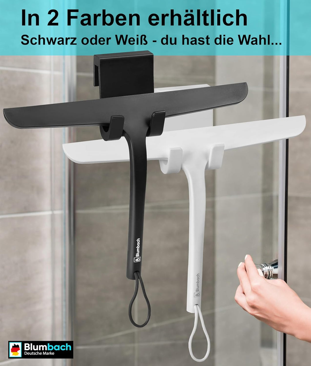 Duschabzieher schwarz, BLUMBACH® Abzieher Dusche mit Halterung 28 cm breit, Fensterabzieher Silikon