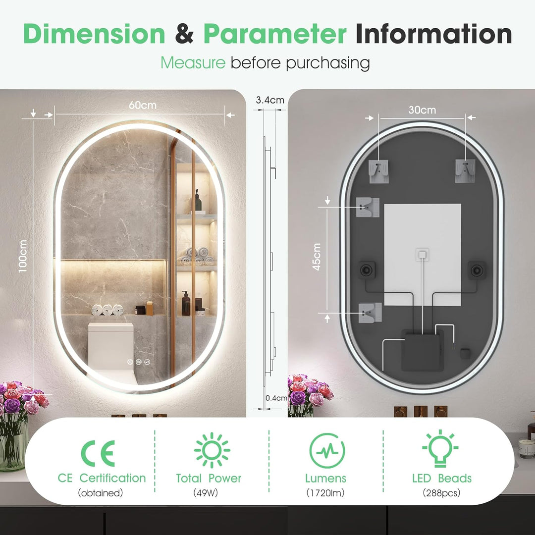 S'bagno Badspiegel-mit-Beleuchtung 600x1000 mm, Oval-Badezimmerspiegel-mit-Beleuchtung und Bluetooth