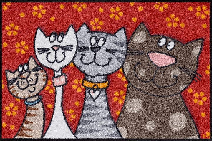 Salonloewe Fussmatte waschbar Katzenfamilie 50x75 cm HausTür-Eingangs-Matte lustig rot-bunt Tiere Fu