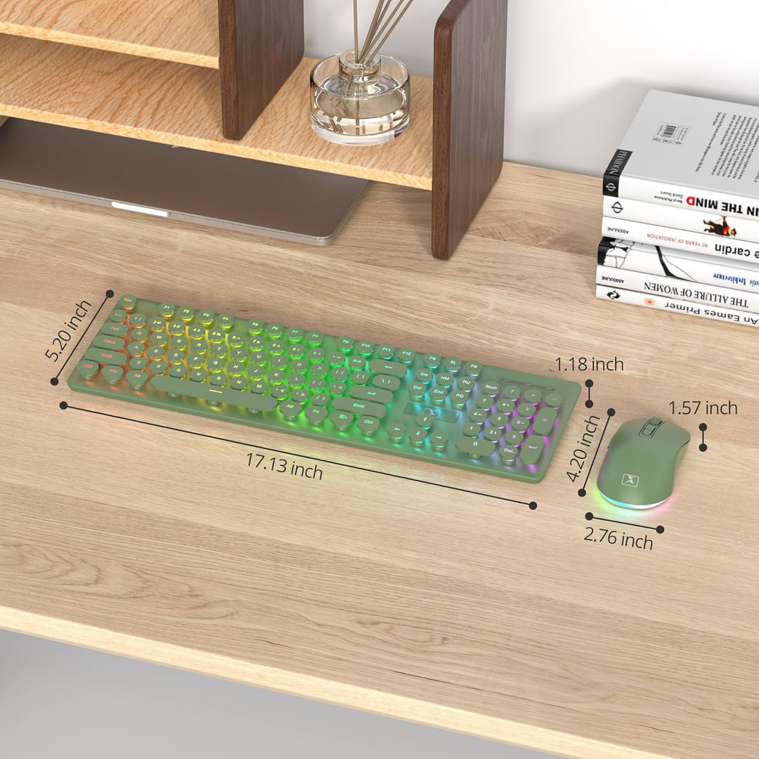 SOLIDEE Beleuchtetes Kabellose Tastatur und Maus Set, 2.4 GHz Wiederaufladbar, Grüne Retro Schreibma