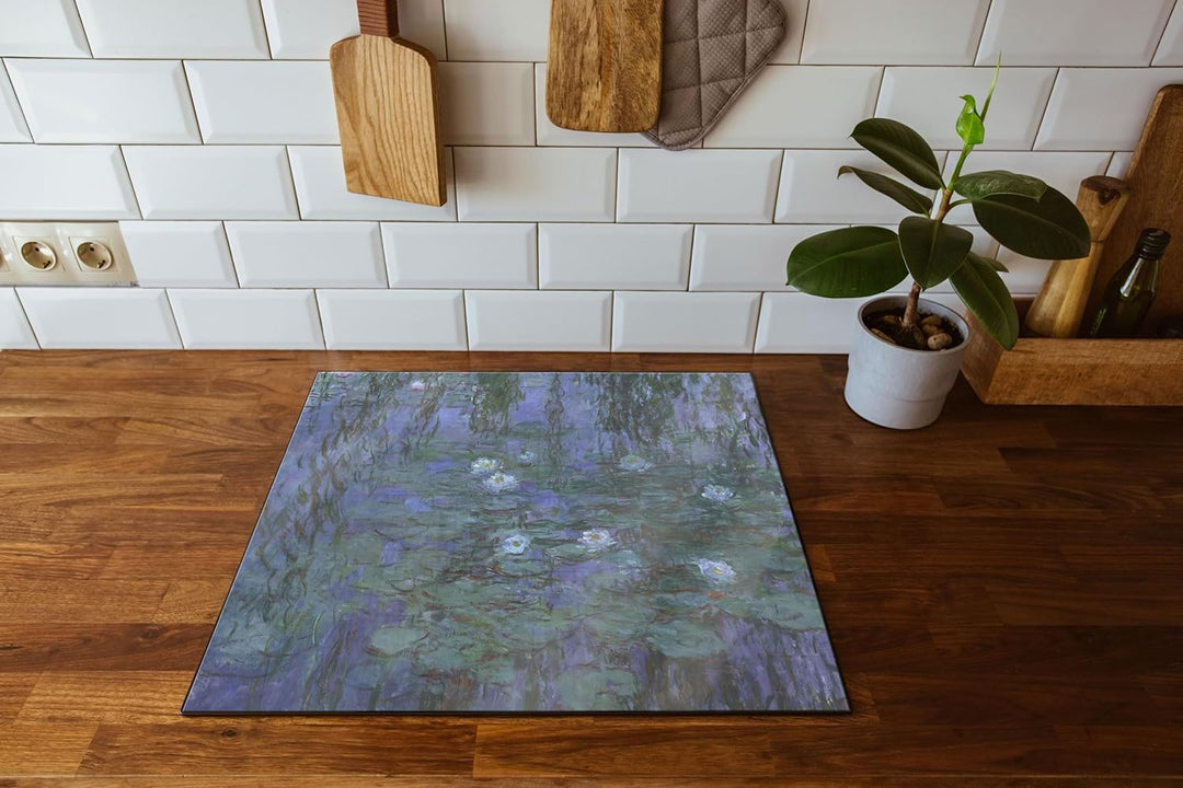 Claude Monet - Seerosen auf blaues Wasser Herdabdeckplatte & Spritzschutz aus Echtglas | Für Herd-Ko