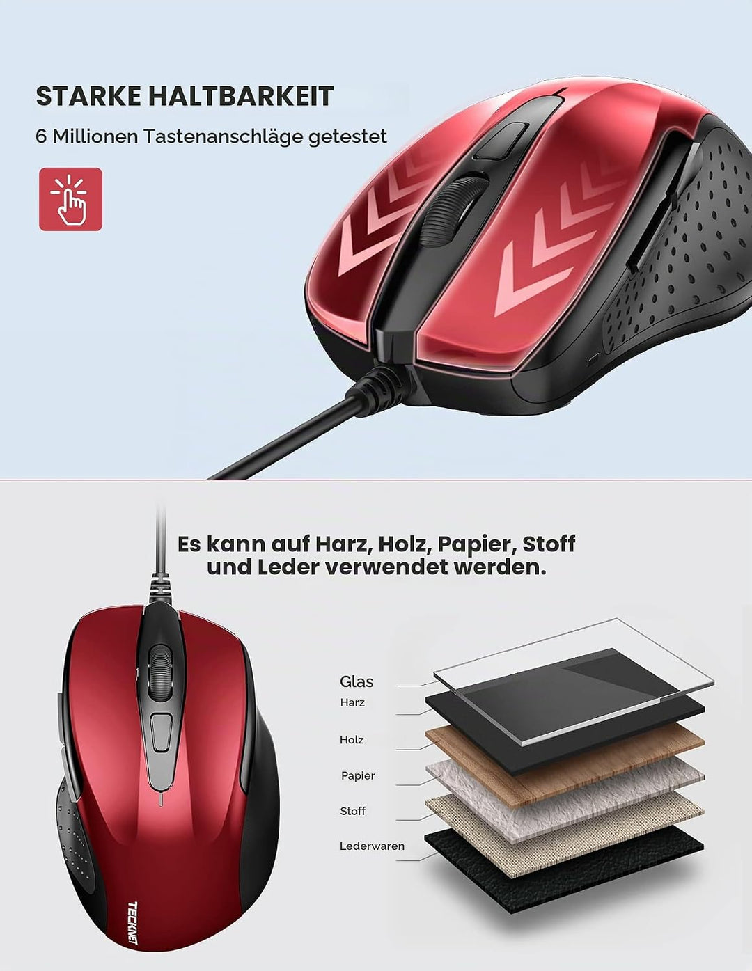 TECKNET Maus mit Kabel, Computermaus mit 6 Tasten, 6400 DPI, Ergonomisches Optical Business Kabelgeb