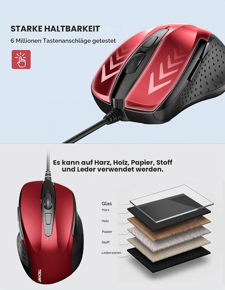 TECKNET Maus mit Kabel, Computermaus mit 6 Tasten, 6400 DPI, Ergonomisches Optical Business Kabelgeb
