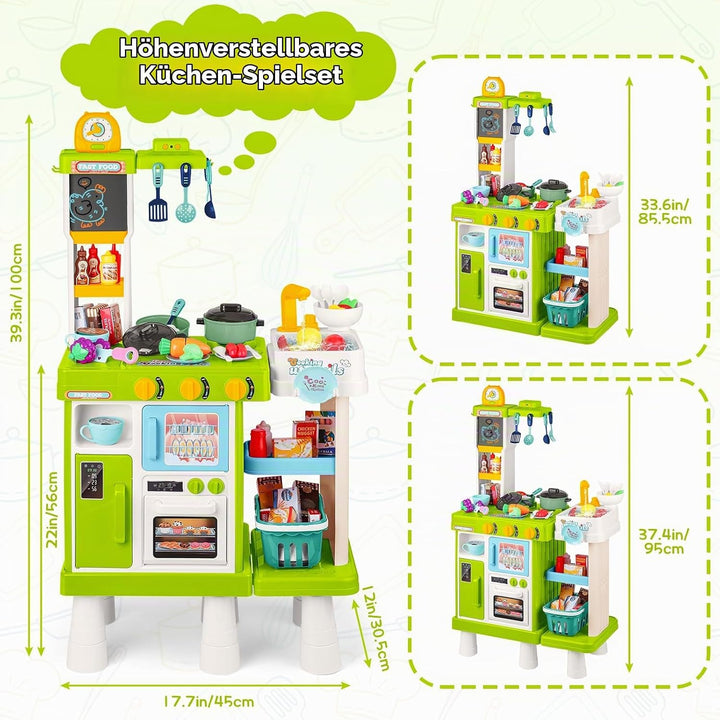 deAO Kinderküche Spielküche mit Wasserfunktion &amp; Dampf, 54 Stck. Höhenverstellbar Küchenspielset mit