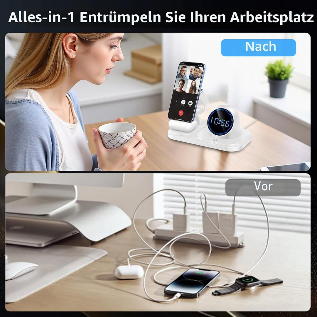 Ladestation Apple Watch und iPhone,6 in 1 Wireless Charger mit Bluetooth, Uhr, RGB LED, induktive la