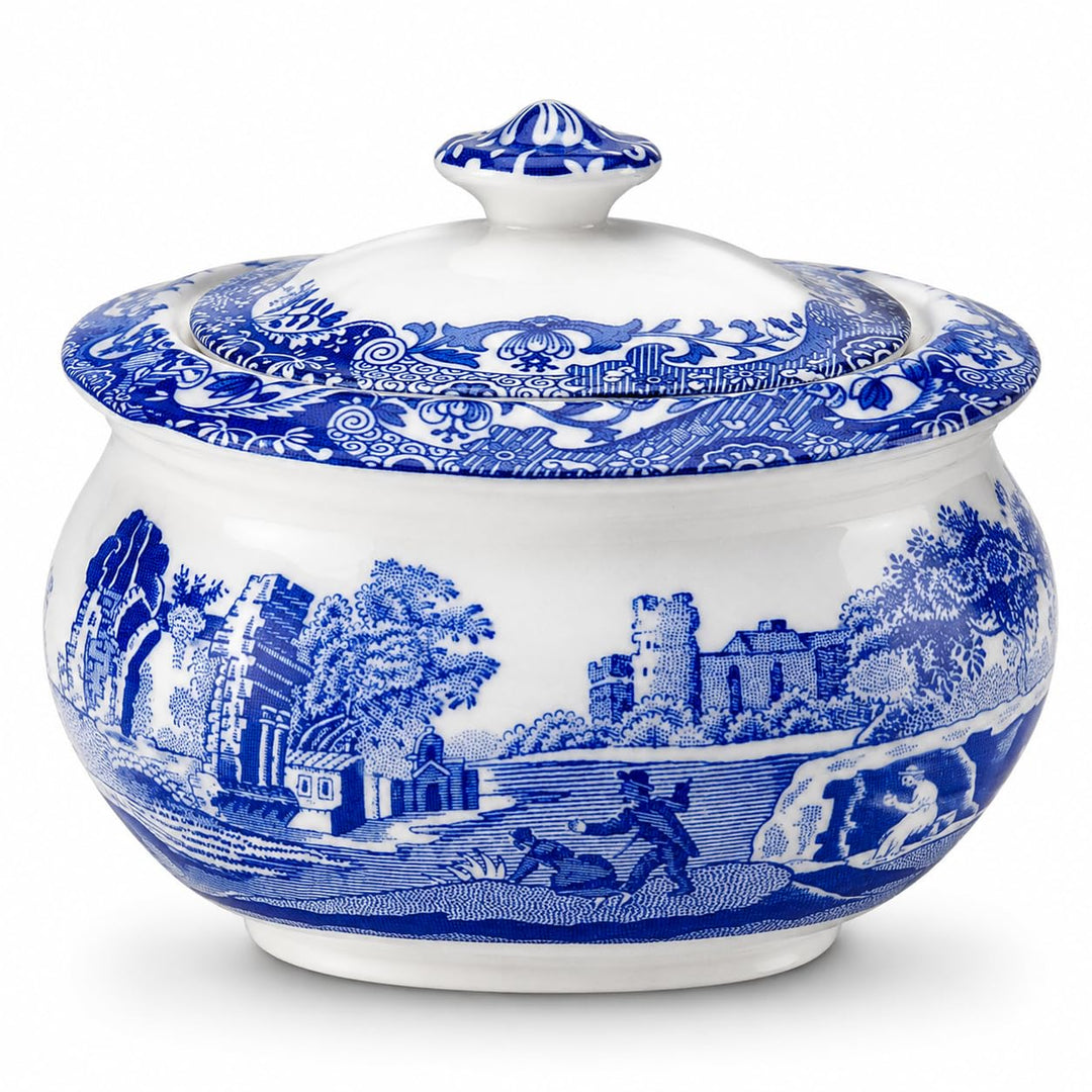 Spode Blaue italienische Zuckerdose mit Deckel.