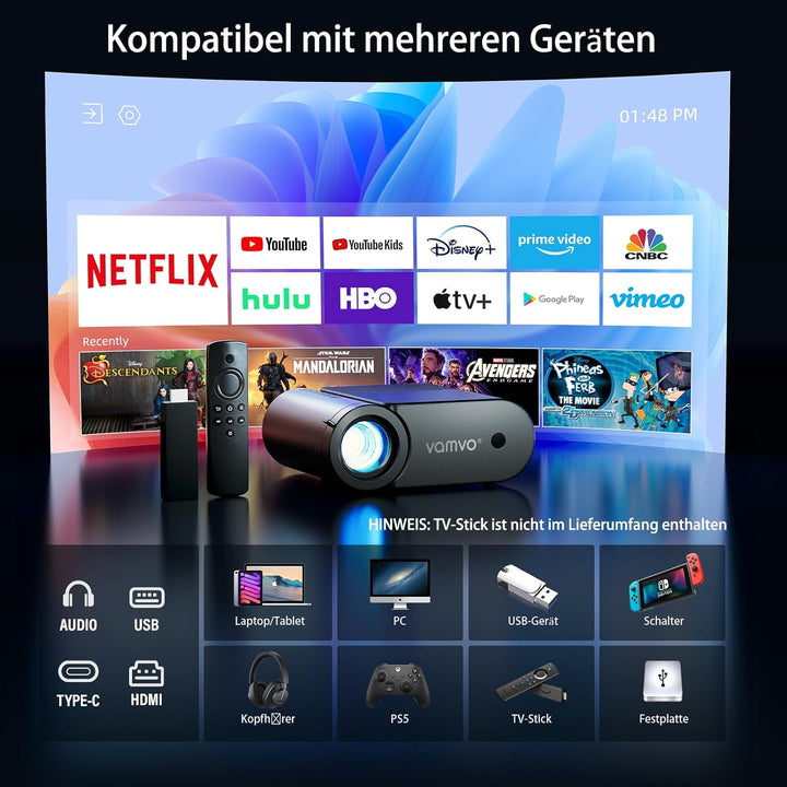 Vamvo Tragbarer Beamer, WiFi Projektor 1080P 200" Tragbarer Filmprojektor, Aussenprojektoren mit sti