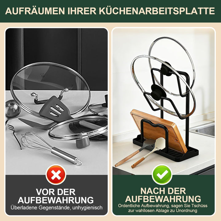 Topfdeckel Organizer Küchenregal mit Löffelablage: 2-in-1-Design Topfdeckelhalter Aufbewahrungsregal
