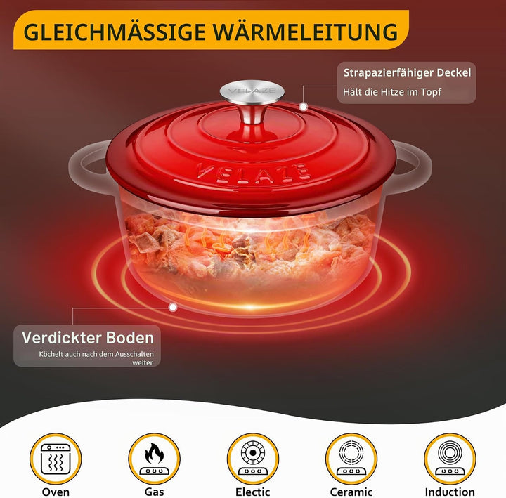 Velaze Gusseisen Topf 20cm, Gusseisen Bräter mit Deckel Backofengeeignet, Schmortopf Induktion, Emai