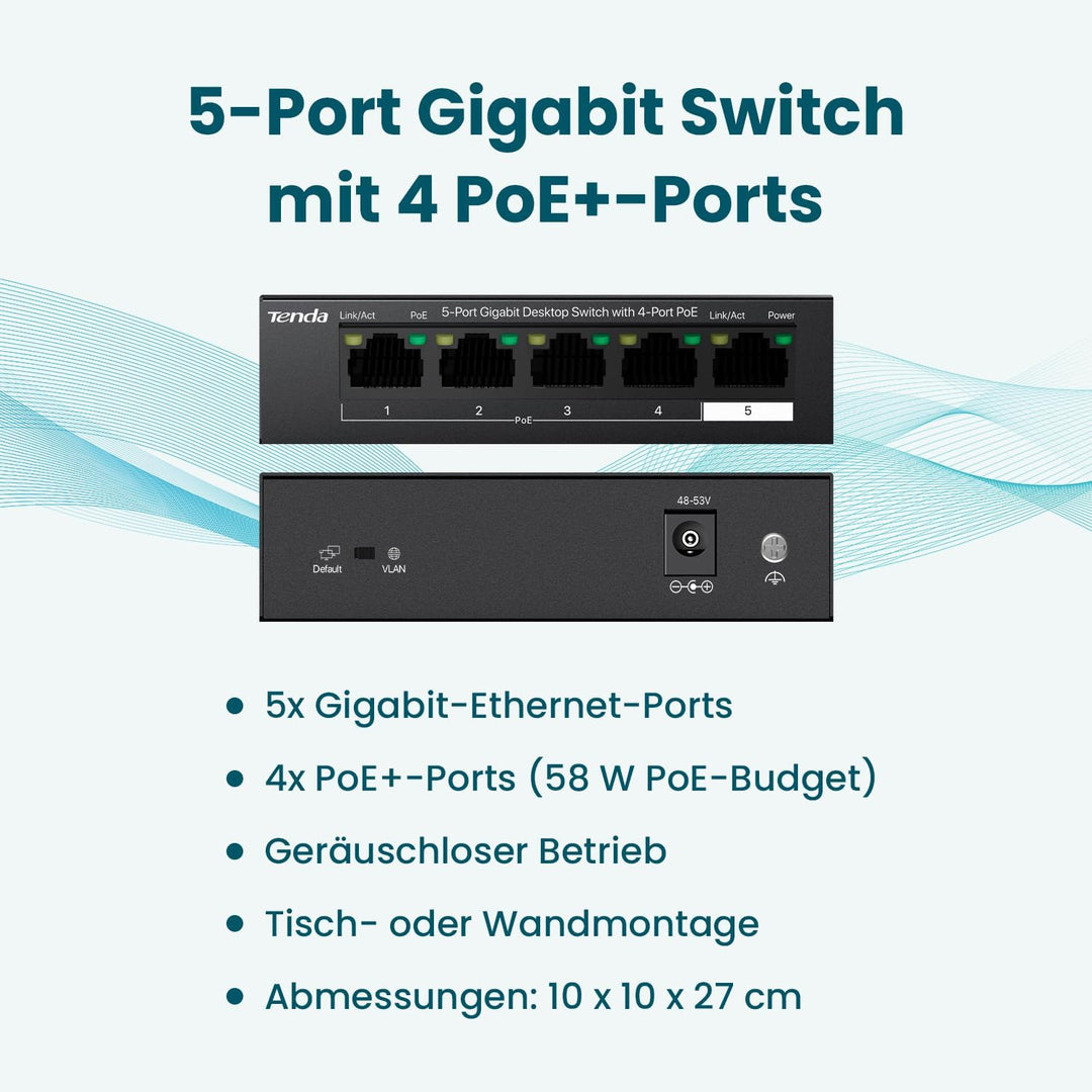 Tenda Gigabit PoE Switch 5 Ports mit 4 PoE+ Ports &amp; 1 Uplink-Port (58W, VLAN, IEEE-802.3af/at PoE, l