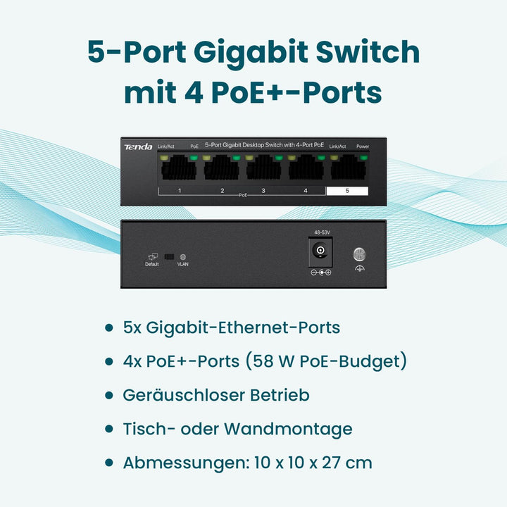 Tenda Gigabit PoE Switch 5 Ports mit 4 PoE+ Ports &amp; 1 Uplink-Port (58W, VLAN, IEEE-802.3af/at PoE, l