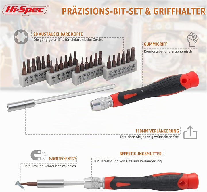 Hi-Spec 38-tlg. Computer- und Elektronik-Reparaturset. Präzisionsbits aus S2-Stahl, Schneidwerkzeuge