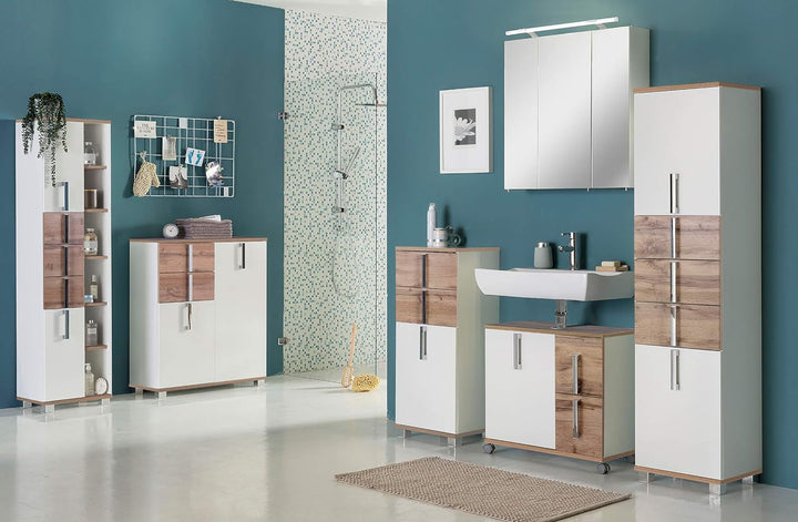 Schildmeyer Seitenschrank Luca 135869, weiss glanz/Eiche Landhaus Dekor, 40,3/32,0/94,8 cm Weiss Gla