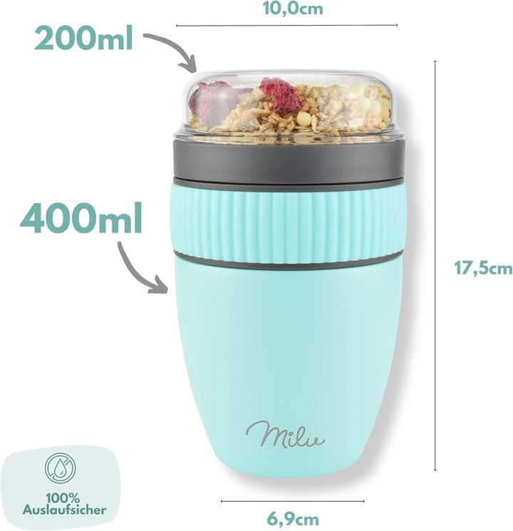Milu Müslibecher to go 400ml I isolierter Edelstahl Joghurtbecher für Müsli I auslaufsicherer Becher
