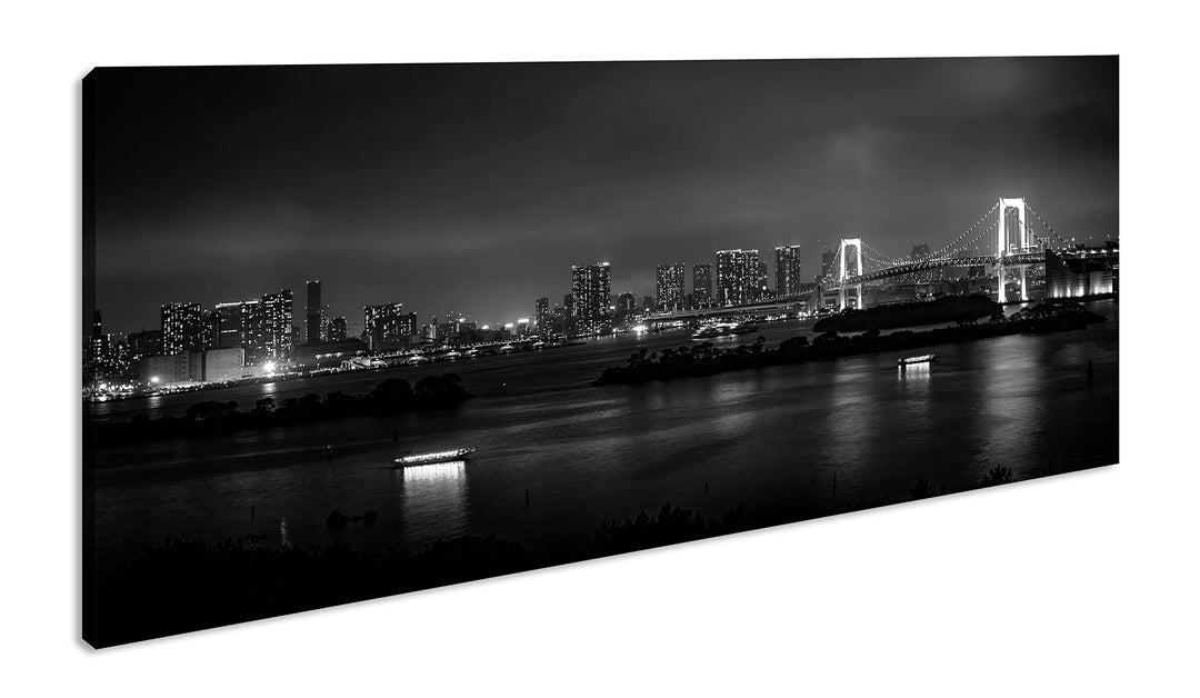 Grossstadt bei Nacht Panorama 80x40 cm Effekt: Schwarz/Weiss als Leinwandbild, Motiv fertig gerahmt