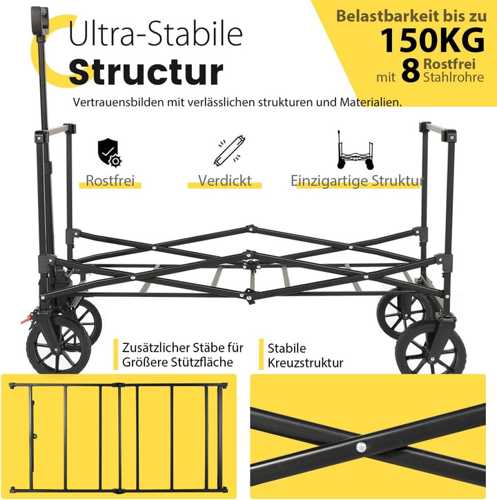 Sekey XXL Bollerwagen Faltbar mit Bremsen 160L 150KG Belastbar, Faltbarer Bollerwagen Geländetauglic